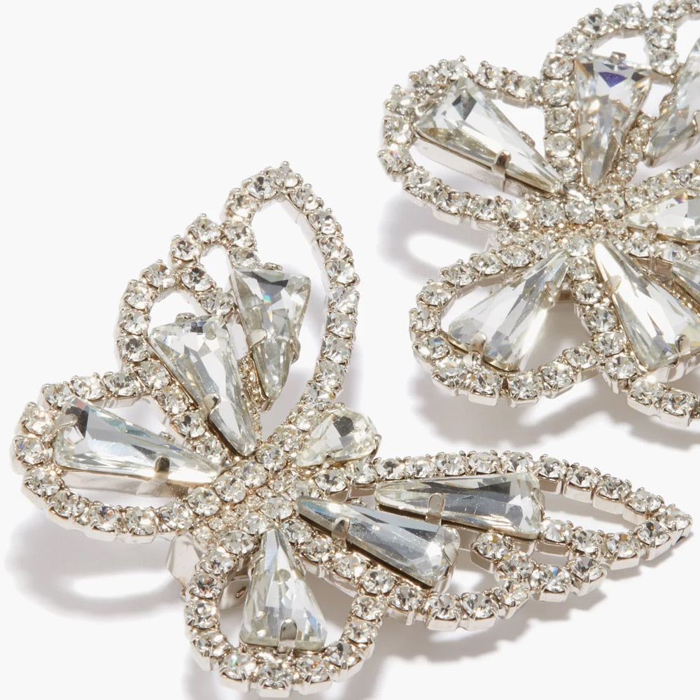 Butterfly Studs Earrings | Rhinestone Clip on Earrings | WHITE PEARL